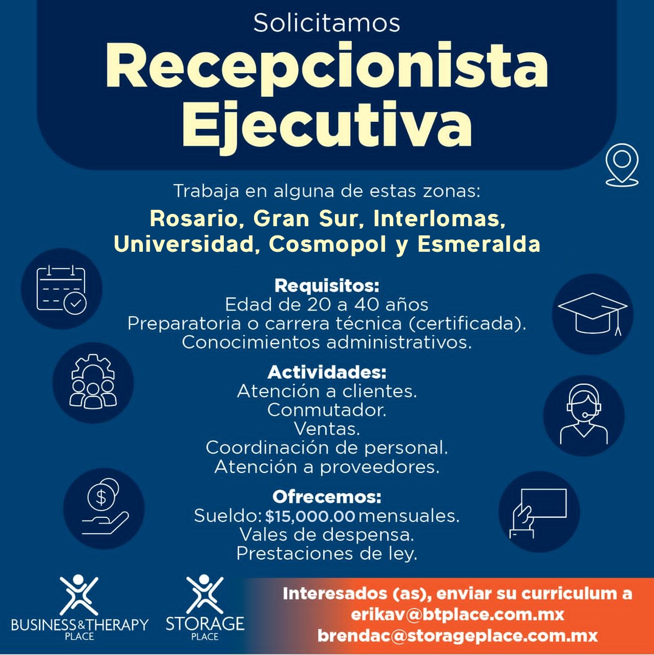 vacante de trabajo, recepcionista ejecutiva en Polanco, rosario, periférico sur, interlomas o universidad, empleo en CDMX